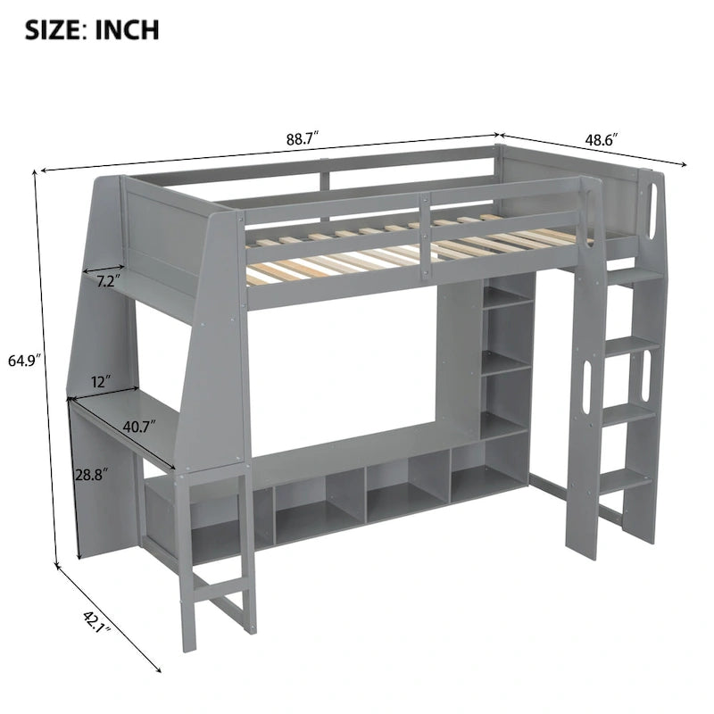 Twin Size Loft Bed Mulfunctional Wood Loft Bed w/Desk, Multi-storage Shelves, LED and Hanging Clothes Rack, No Box Spring Needed