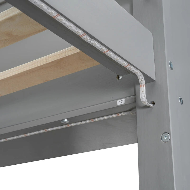 Twin Size Loft Bed Mulfunctional Wood Loft Bed w/Desk, Multi-storage Shelves, LED and Hanging Clothes Rack, No Box Spring Needed