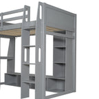 Twin Size Loft Bed Mulfunctional Wood Loft Bed w/Desk, Multi-storage Shelves, LED and Hanging Clothes Rack, No Box Spring Needed