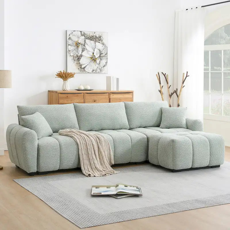 100  L-Shaped Sofa Boucle Fabric Couch with Movable Ottoman