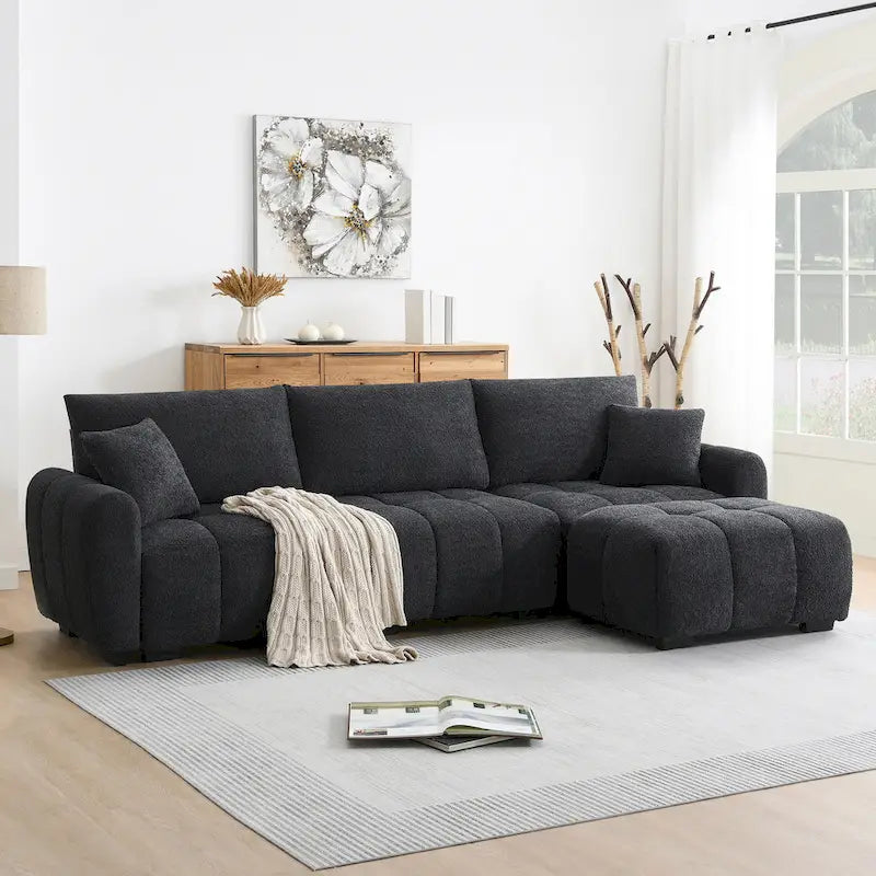 100  L-Shaped Sofa Boucle Fabric Couch with Movable Ottoman