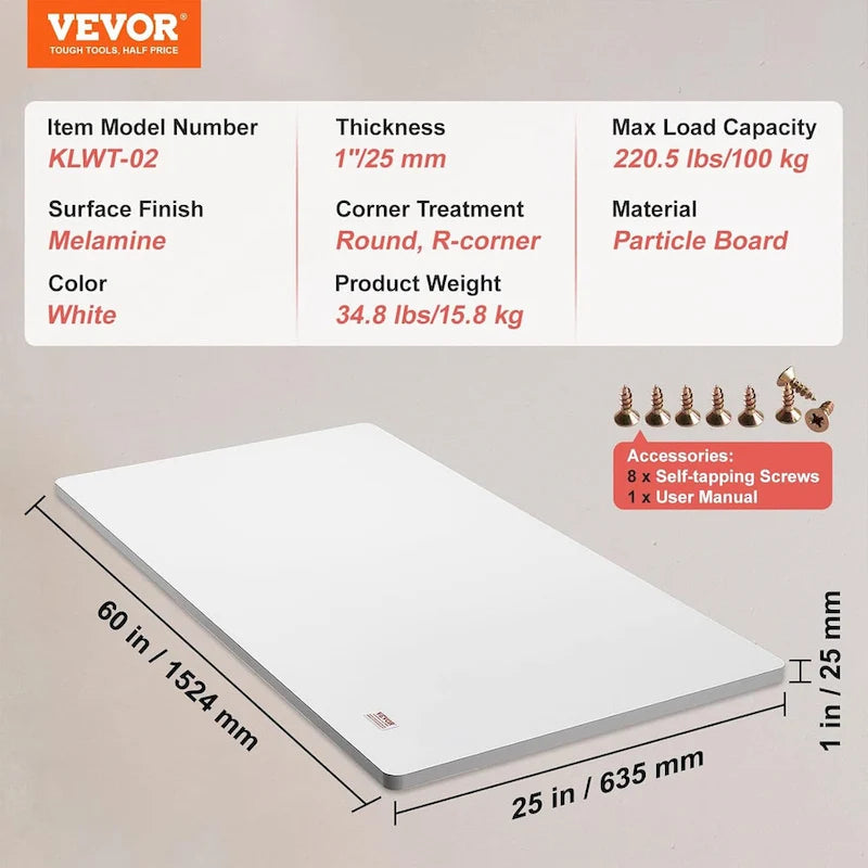 VEVOR 60 x 25 Inch Rectangular Tabletop for Adjustable Standing Desk, White - 34.8