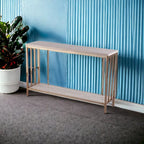Champagne Faux Stone Rectangular Console Table with Gold Shelf Base - 47.5 L x 12 W x 29.5 H