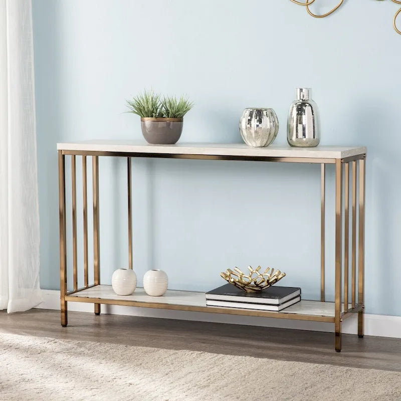 Champagne Faux Stone Rectangular Console Table with Gold Shelf Base - 47.5 L x 12 W x 29.5 H