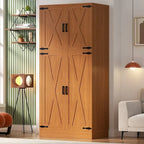 Rackcog Wooden Wardrobe with Barn Doors, Farmhouse Closet Storage Cabinet with Hanging Rod