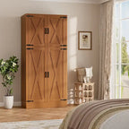 Rackcog Wooden Wardrobe with Barn Doors, Farmhouse Closet Storage Cabinet with Hanging Rod