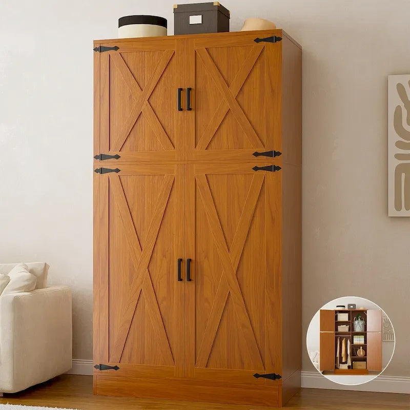 Rackcog Wooden Wardrobe with Barn Doors, Farmhouse Closet Storage Cabinet with Hanging Rod