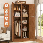 Rackcog Wooden Wardrobe with Barn Doors, Farmhouse Closet Storage Cabinet with Hanging Rod