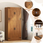 Rackcog Wooden Wardrobe with Barn Doors, Farmhouse Closet Storage Cabinet with Hanging Rod