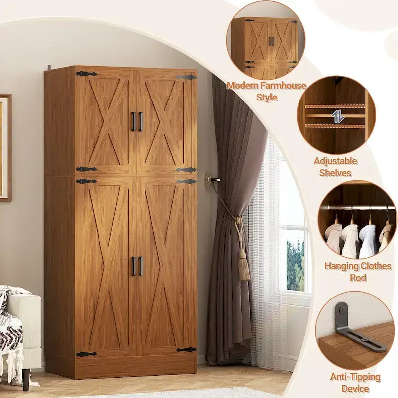 Rackcog Wooden Wardrobe with Barn Doors, Farmhouse Closet Storage Cabinet with Hanging Rod