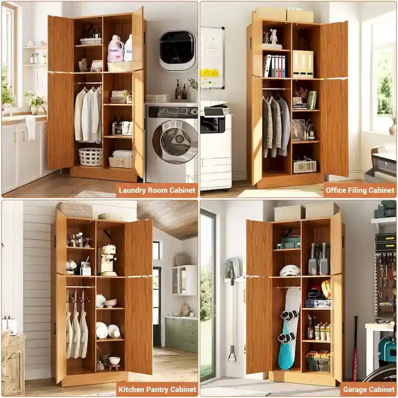 Rackcog Wooden Wardrobe with Barn Doors, Farmhouse Closet Storage Cabinet with Hanging Rod