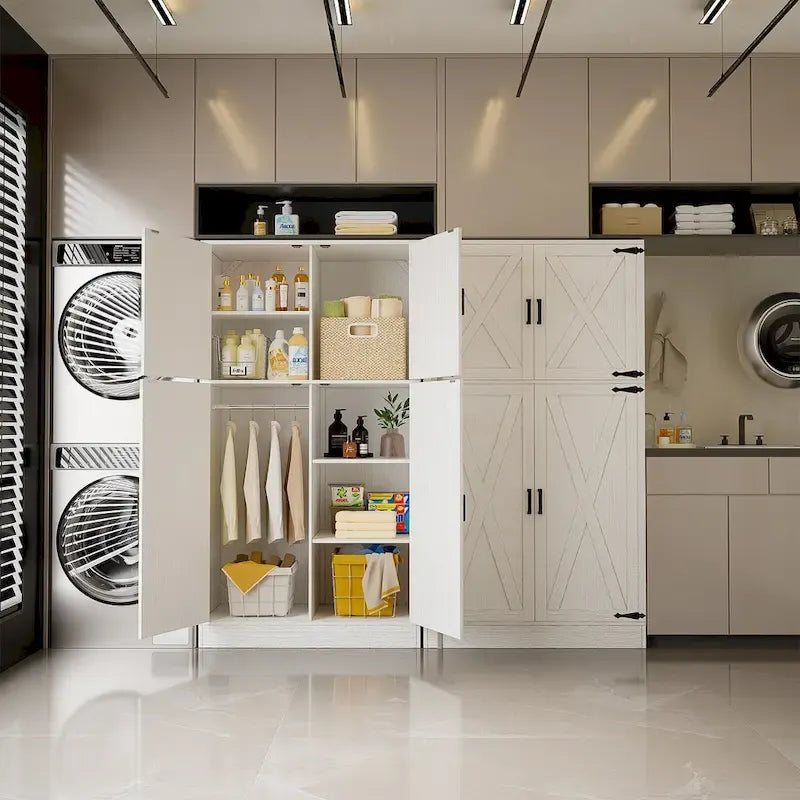 Rackcog Wooden Wardrobe with Barn Doors, Farmhouse Closet Storage Cabinet with Hanging Rod