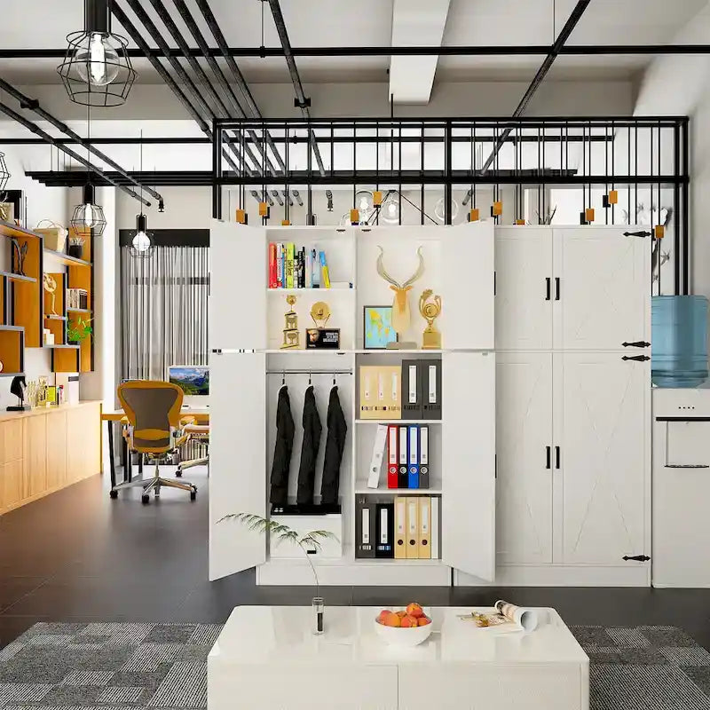 Rackcog Wooden Wardrobe with Barn Doors, Farmhouse Closet Storage Cabinet with Hanging Rod