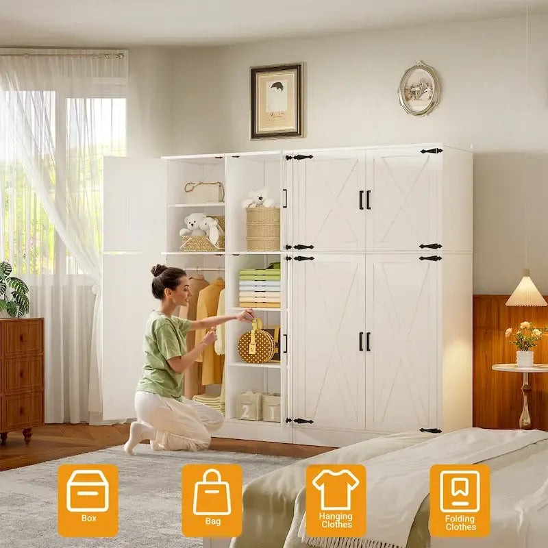 Rackcog Wooden Wardrobe with Barn Doors, Farmhouse Closet Storage Cabinet with Hanging Rod