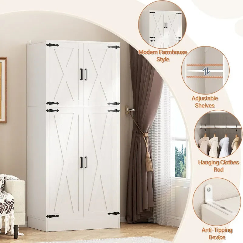 Rackcog Wooden Wardrobe with Barn Doors, Farmhouse Closet Storage Cabinet with Hanging Rod