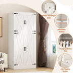 Rackcog Wooden Wardrobe with Barn Doors, Farmhouse Closet Storage Cabinet with Hanging Rod
