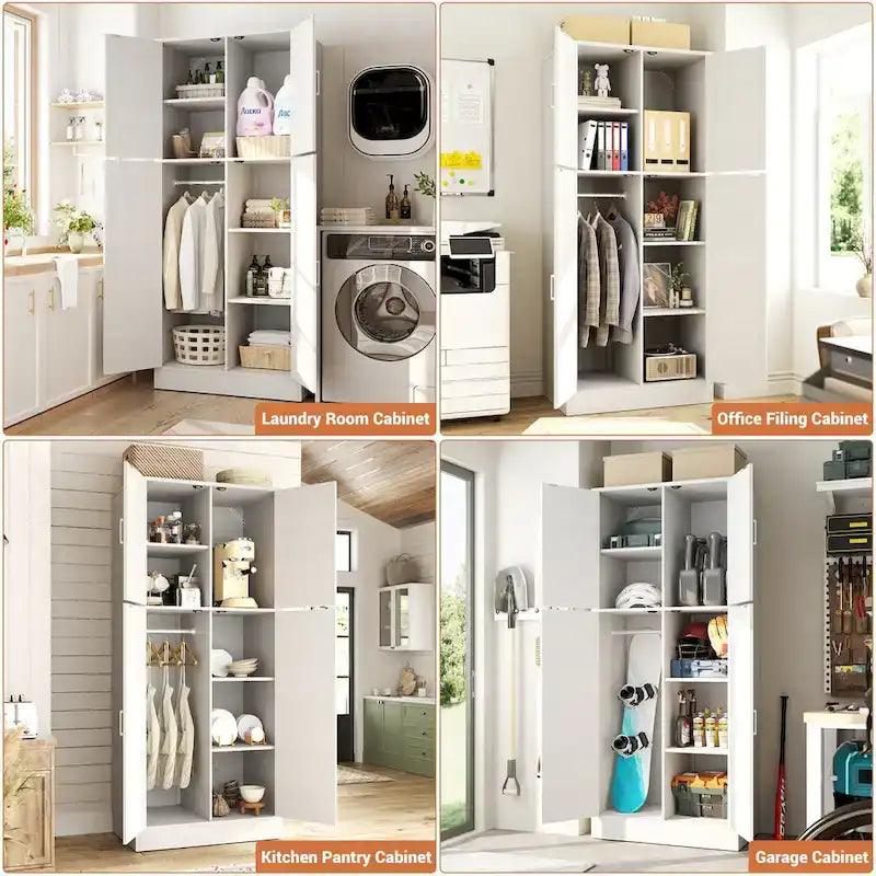 Rackcog Wooden Wardrobe with Barn Doors, Farmhouse Closet Storage Cabinet with Hanging Rod