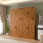 Rackcog Wooden Wardrobe with Barn Doors, Farmhouse Closet Storage Cabinet with Hanging Rod