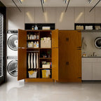 Rackcog Wooden Wardrobe with Barn Doors, Farmhouse Closet Storage Cabinet with Hanging Rod