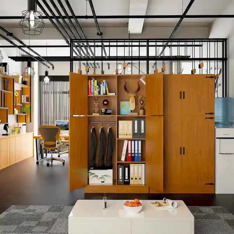 Rackcog Wooden Wardrobe with Barn Doors, Farmhouse Closet Storage Cabinet with Hanging Rod