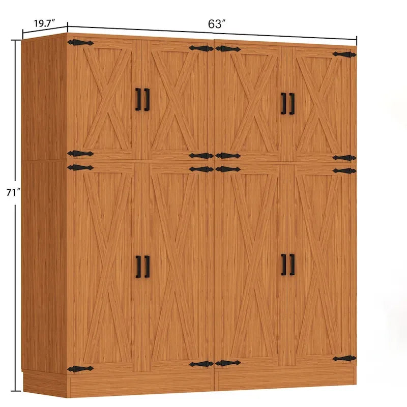 Rackcog Wooden Wardrobe with Barn Doors, Farmhouse Closet Storage Cabinet with Hanging Rod