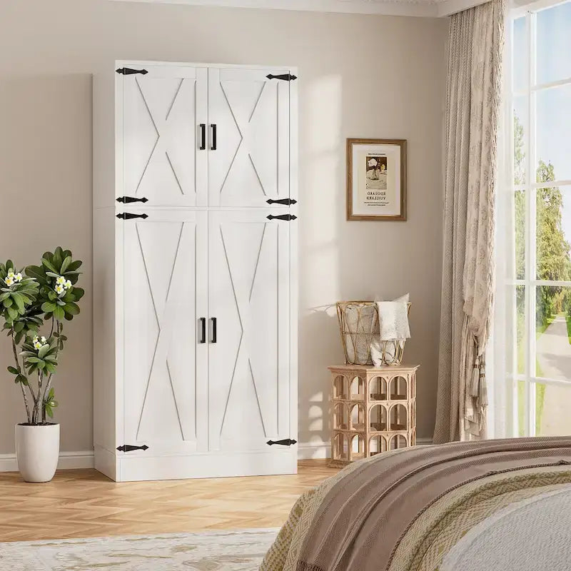 Rackcog Wooden Wardrobe with Barn Doors, Farmhouse Closet Storage Cabinet with Hanging Rod