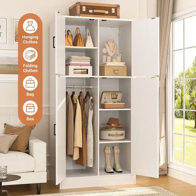 Rackcog Wooden Wardrobe with Barn Doors, Farmhouse Closet Storage Cabinet with Hanging Rod