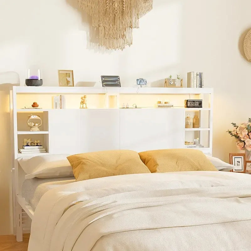 Headboards with Storage Shelves, Head Board with Power Outlet and LED Light for Bed Frame