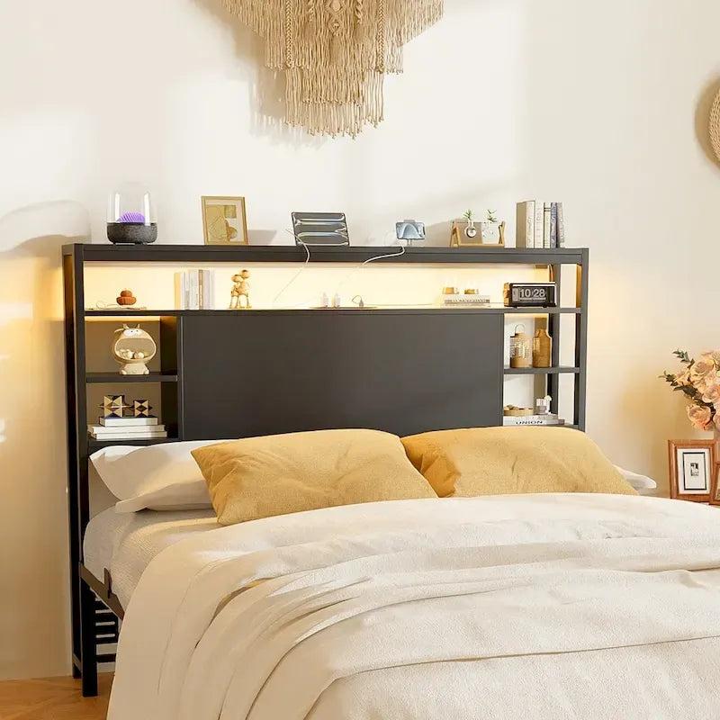 Headboards with Storage Shelves, Head Board with Power Outlet and LED Light for Bed Frame