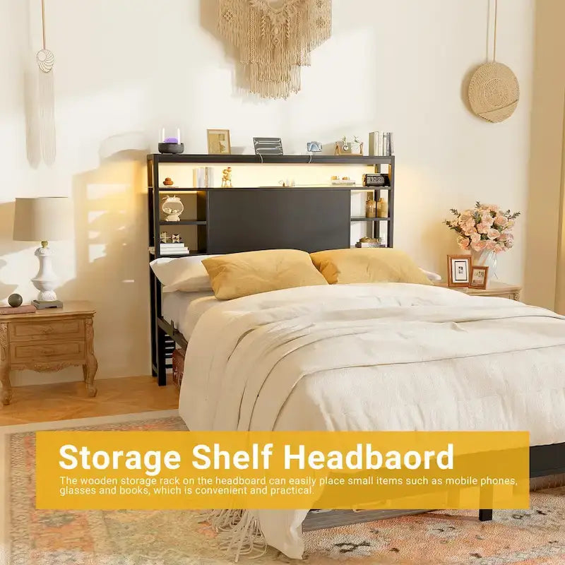 Headboards with Storage Shelves, Head Board with Power Outlet and LED Light for Bed Frame
