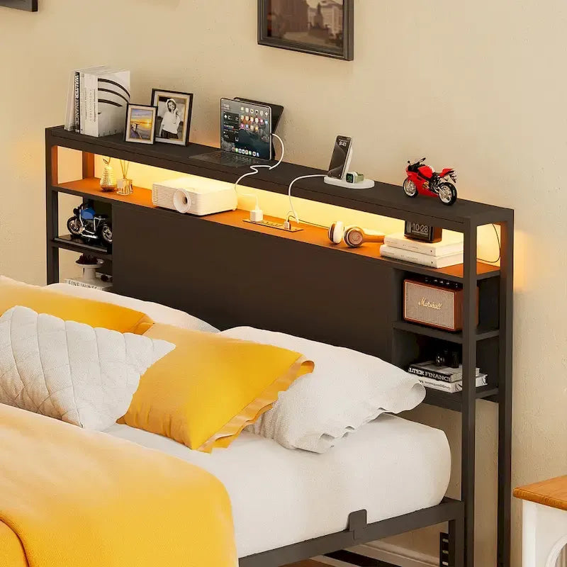 Headboards with Storage Shelves, Head Board with Power Outlet and LED Light for Bed Frame