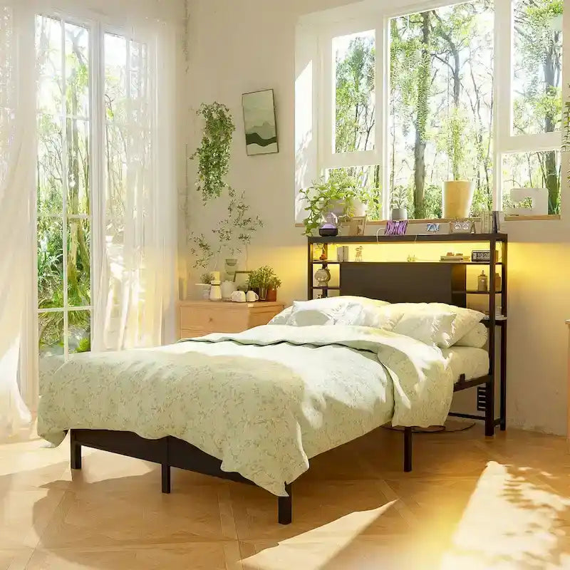 Headboards with Storage Shelves, Head Board with Power Outlet and LED Light for Bed Frame