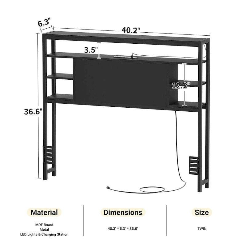 Headboards with Storage Shelves, Head Board with Power Outlet and LED Light for Bed Frame