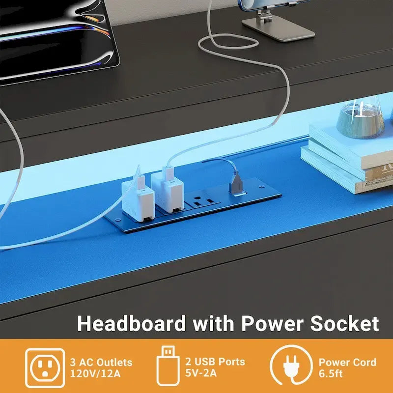 Headboards with Storage Shelves, Head Board with Power Outlet and LED Light for Bed Frame