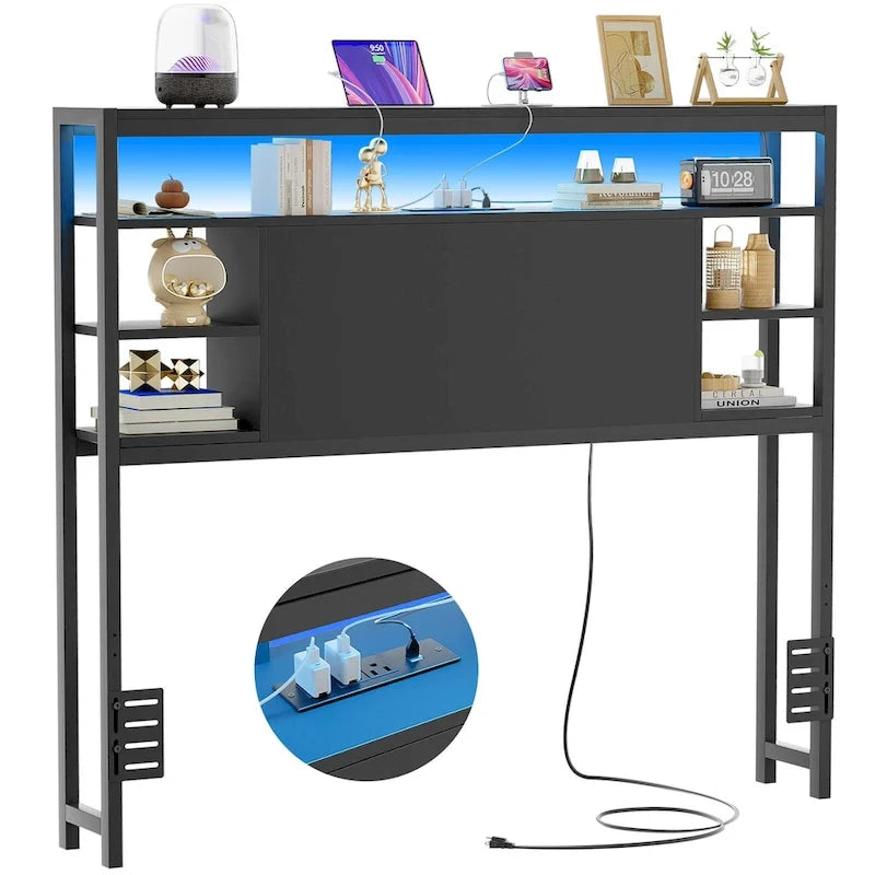 Headboards with Storage Shelves, Head Board with Power Outlet and LED Light for Bed Frame