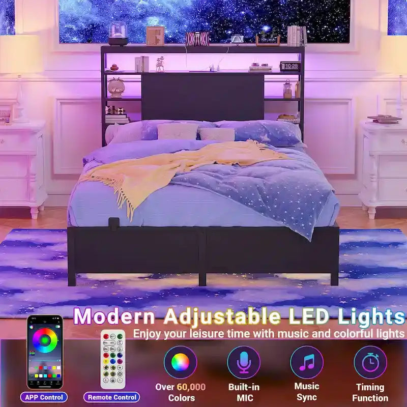 Headboards with Storage Shelves, Head Board with Power Outlet and LED Light for Bed Frame