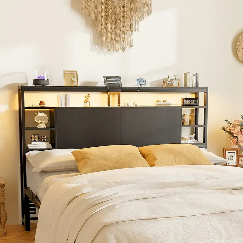 Headboards with Storage Shelves, Head Board with Power Outlet and LED Light for Bed Frame