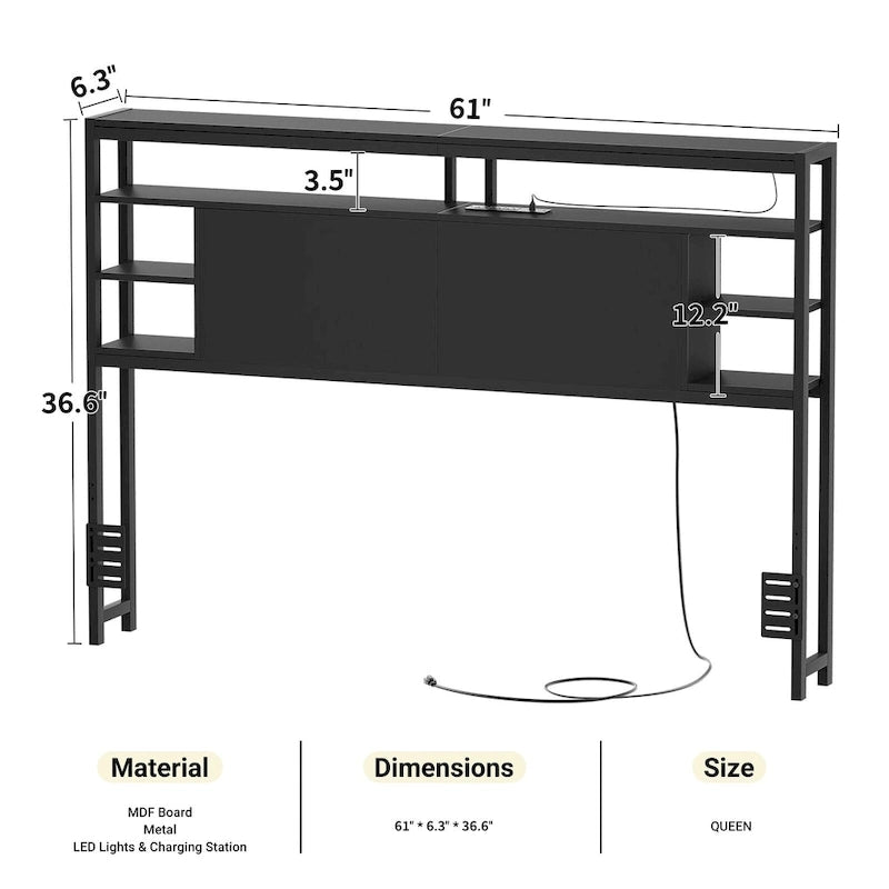 Headboards with Storage Shelves, Head Board with Power Outlet and LED Light for Bed Frame