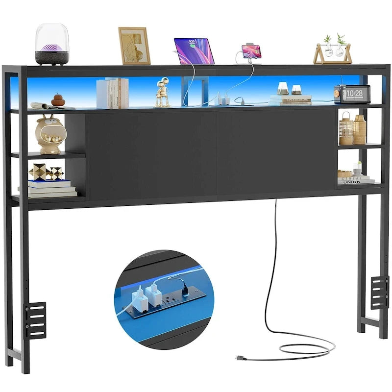 Headboards with Storage Shelves, Head Board with Power Outlet and LED Light for Bed Frame