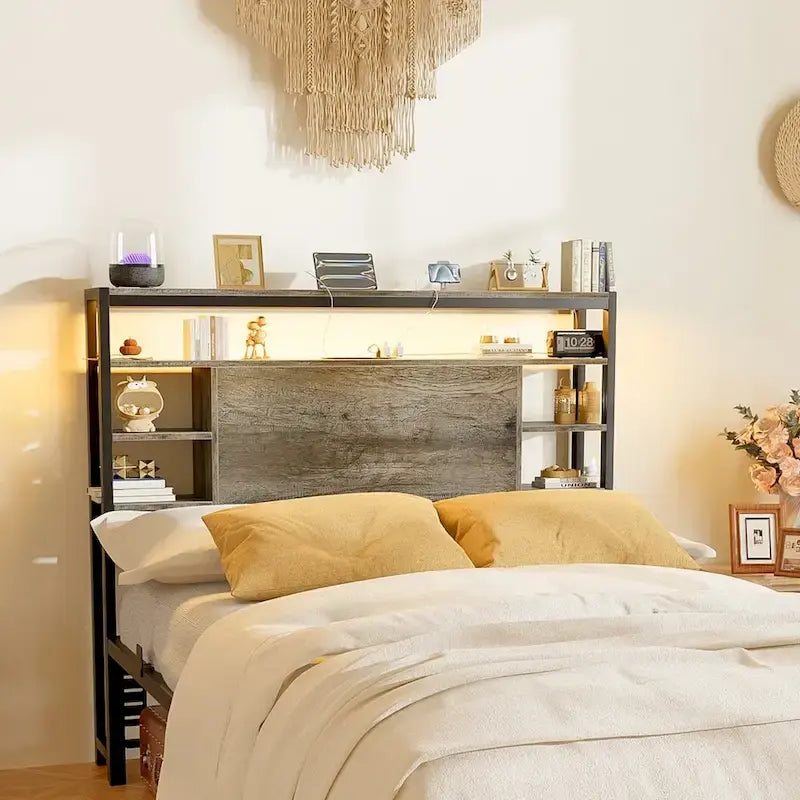 Headboards with Storage Shelves, Head Board with Power Outlet and LED Light for Bed Frame