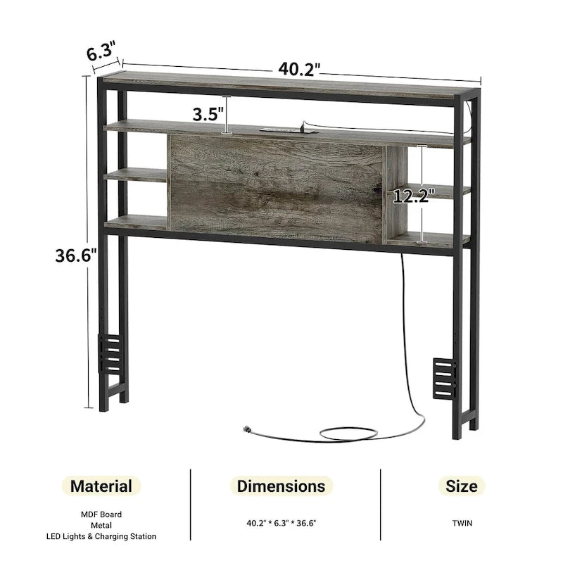 Headboards with Storage Shelves, Head Board with Power Outlet and LED Light for Bed Frame