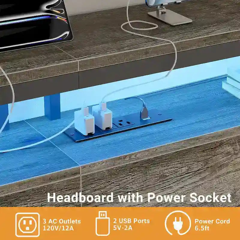 Headboards with Storage Shelves, Head Board with Power Outlet and LED Light for Bed Frame