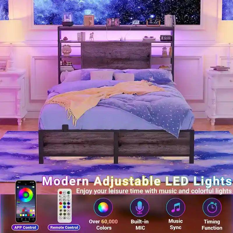 Headboards with Storage Shelves, Head Board with Power Outlet and LED Light for Bed Frame