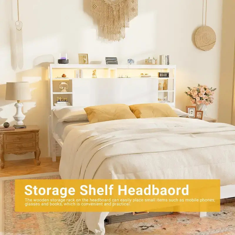 Headboards with Storage Shelves, Head Board with Power Outlet and LED Light for Bed Frame