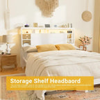 Headboards with Storage Shelves, Head Board with Power Outlet and LED Light for Bed Frame