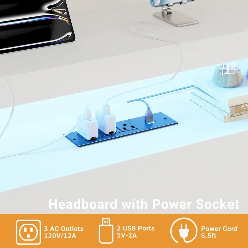 Headboards with Storage Shelves, Head Board with Power Outlet and LED Light for Bed Frame