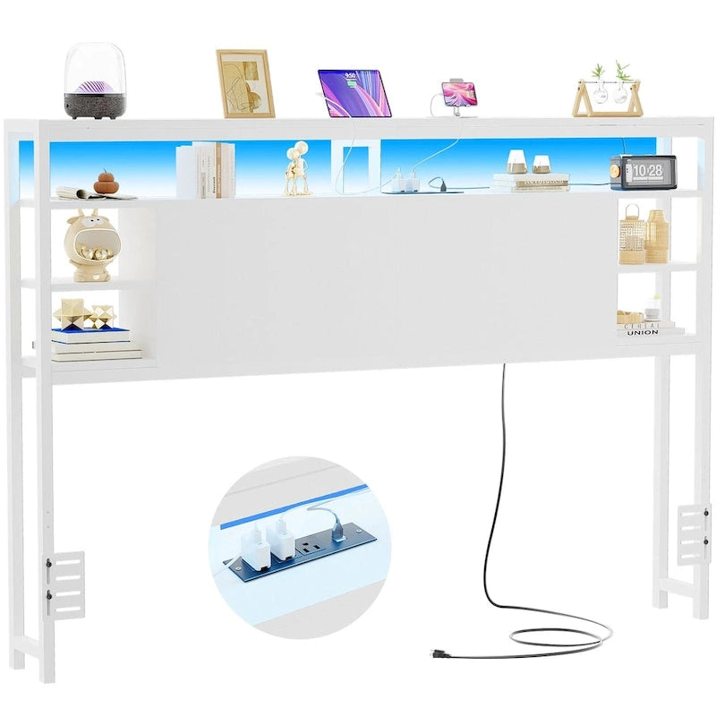 Headboards with Storage Shelves, Head Board with Power Outlet and LED Light for Bed Frame