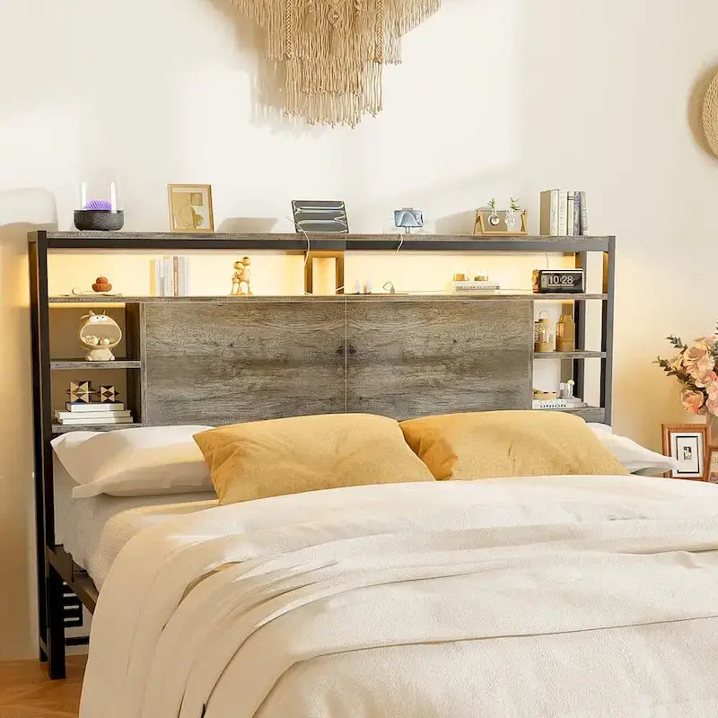 Headboards with Storage Shelves, Head Board with Power Outlet and LED Light for Bed Frame
