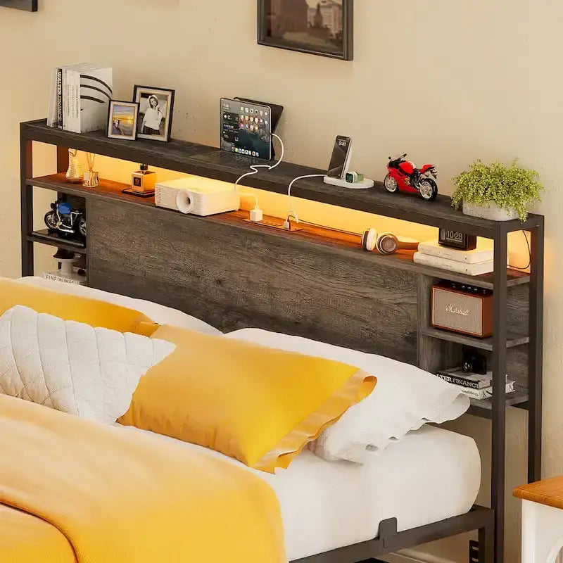 Headboards with Storage Shelves, Head Board with Power Outlet and LED Light for Bed Frame