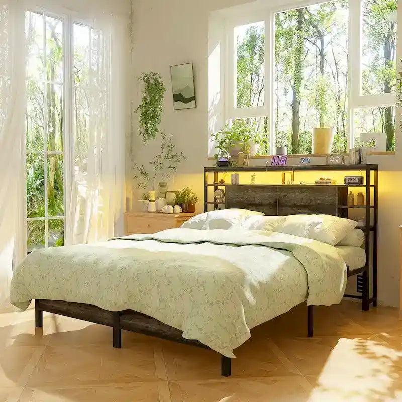 Headboards with Storage Shelves, Head Board with Power Outlet and LED Light for Bed Frame